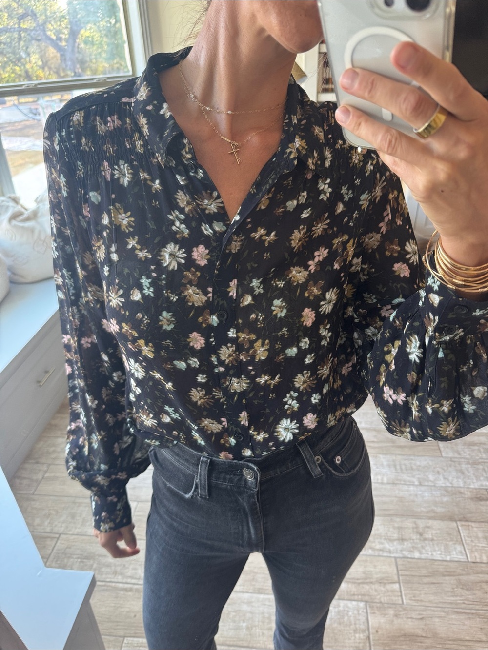 Sanctuary Black Floral Button-Up Blouse